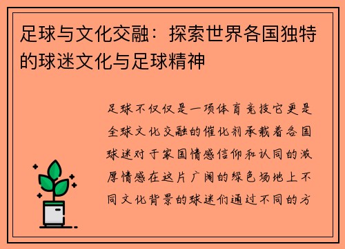 足球与文化交融：探索世界各国独特的球迷文化与足球精神